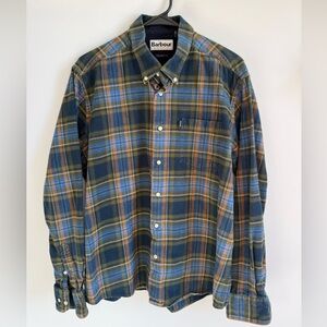 Barbour Blue Plaid Cotton Flannel Button Down, Size Large